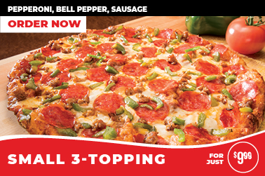 Small 3-Topping for just $9.99! Pictured: pepperoni, bell pepper, sausage. Order now at your local Me-N-Ed's Pizzeria!