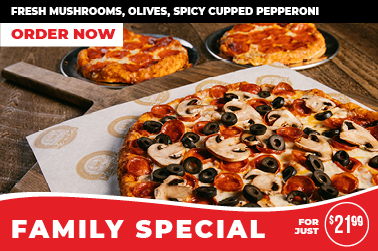 Family Special for just $21.99! Pictured: large 3-topping pizza with fresh mushrooms. olives, and spicy cupped pepperoni, and two personal 1-topping pizzas with pepperoni. Order now at your local Me-N-Ed's Pizzeria!