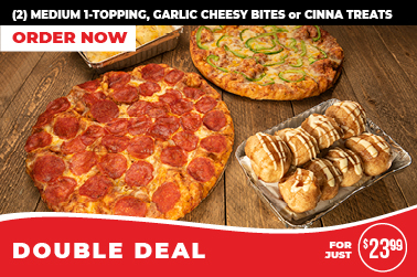 Double Deal for just $23.99: (2) Medium 1-Topping, Garlic Cheesy Bites or Cinna Treats. Order now at your local Me-N-Ed's Pizzeria!